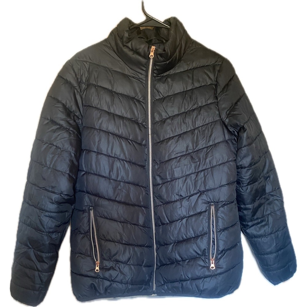 Big Chill Jacket Womens Large Black Full Zip Pocket Puffer Mock Neck No Hood
